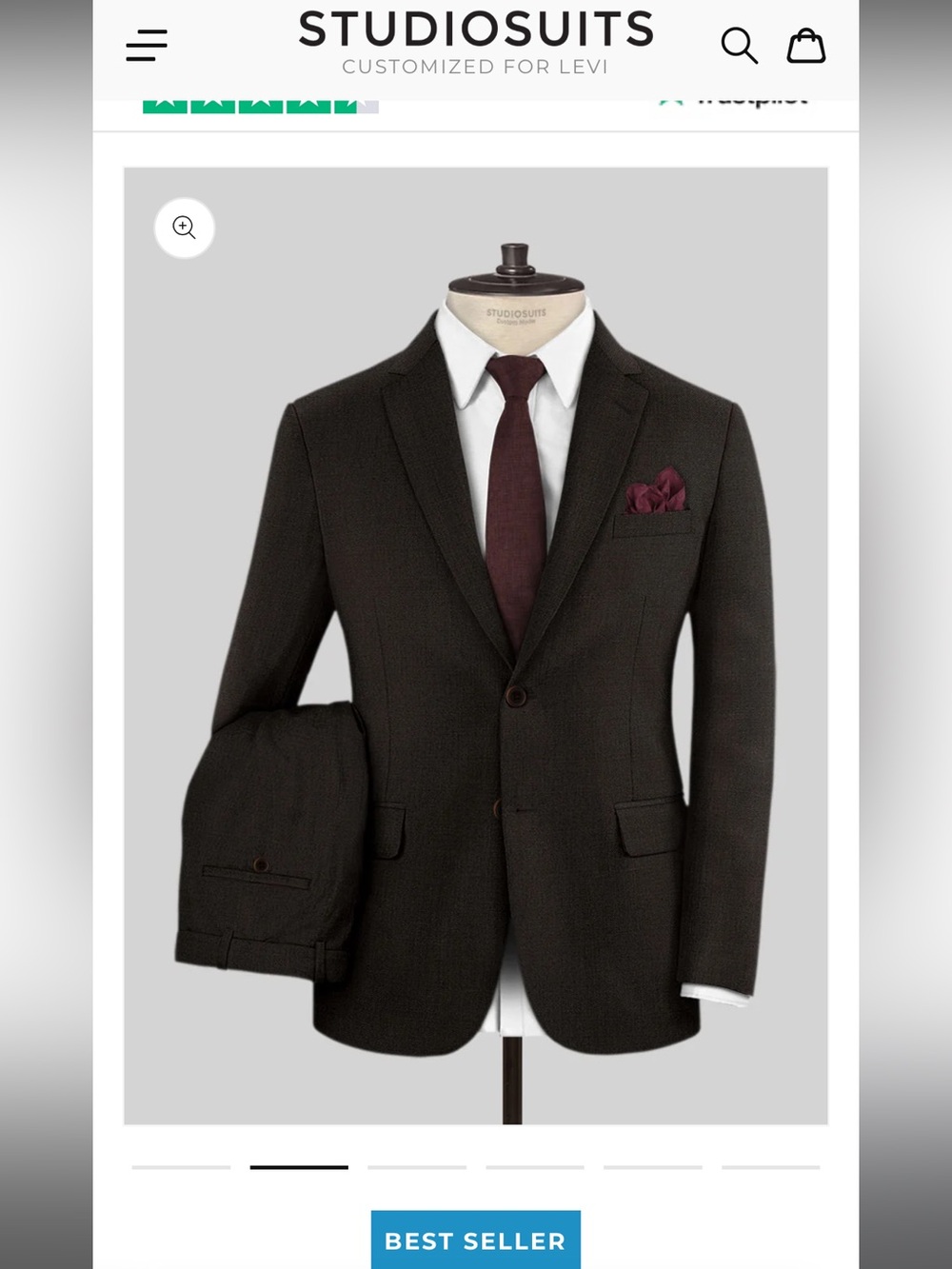 Studio Suits Worsted Dark Brown Wool Suit